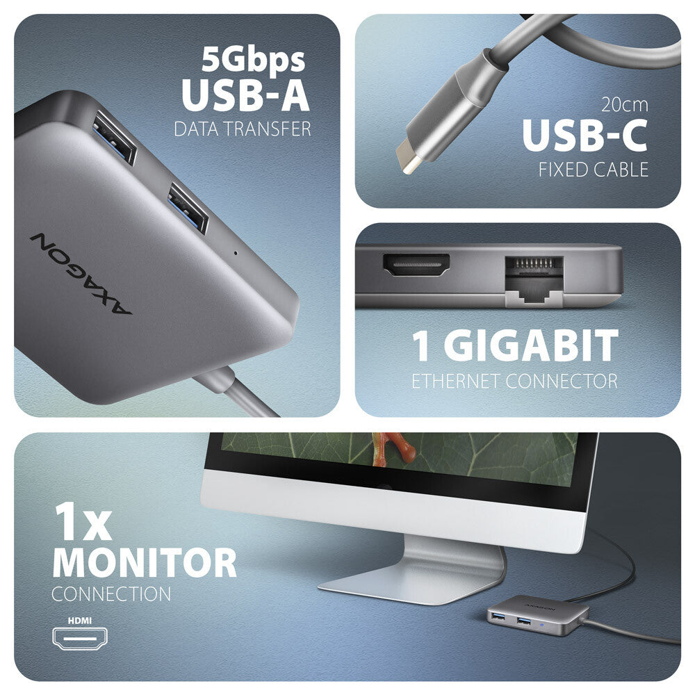 Axagon N HMC-5HL USB 5Gbps hub 2x USB-A HDMI 4k/60Hz RJ-45 GLAN PD 100W kabel USB-C USB 3.2 Gen 1 (3.1 Gen 1) Type-C Silver