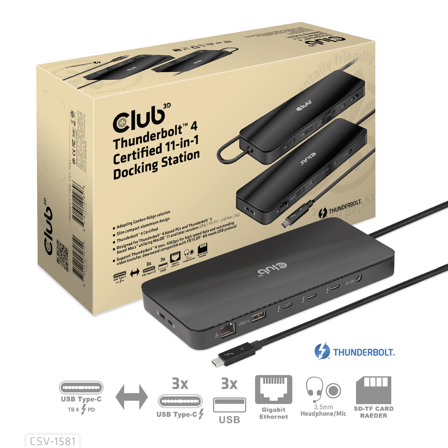 CLUB3D CSV-1581 dockningsstationer för bärbara datorer Dockning Thunderbolt 4 Svart