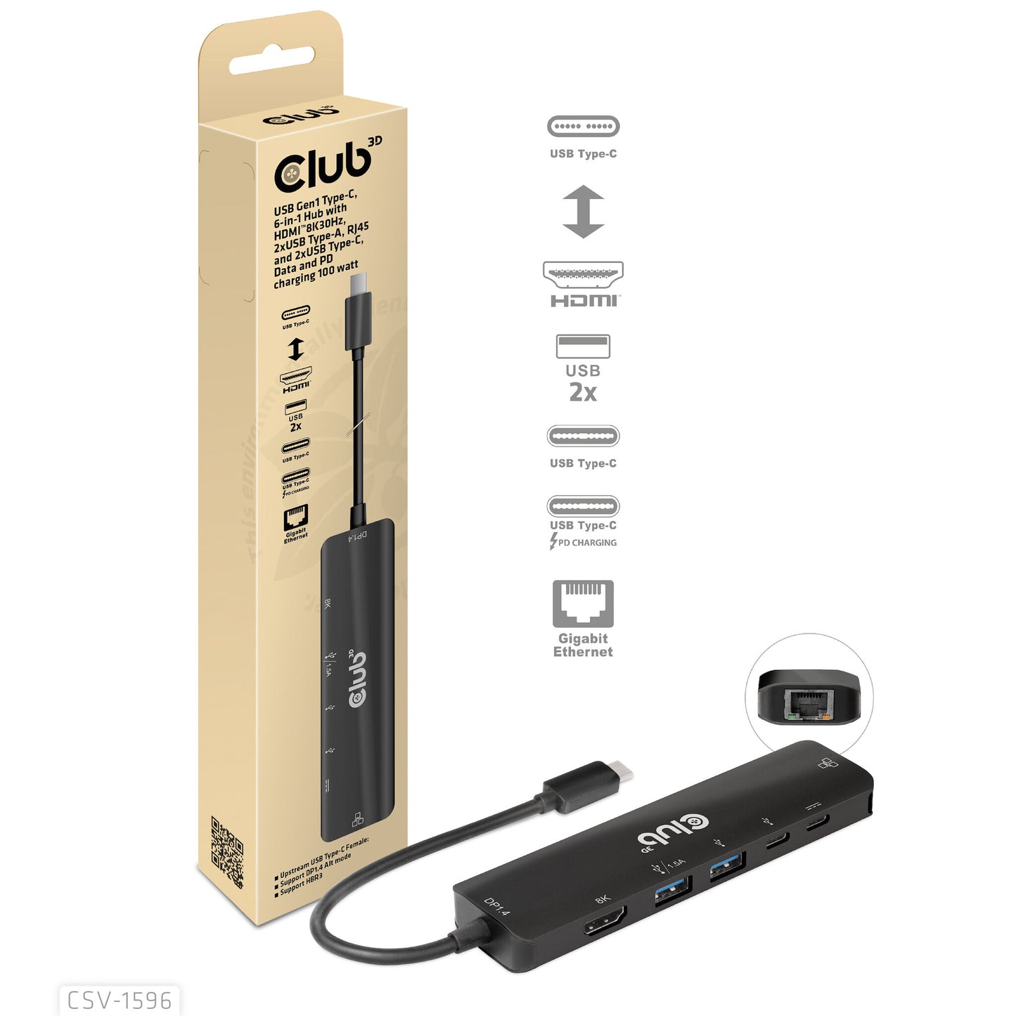 CLUB3D CSV-1596 dockningsstationer för bärbara datorer USB 3.2 Gen 1 (3.1 Gen 1) Type-C Svart