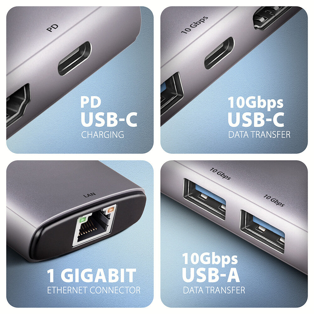 Axagon HMC-6G2L dockningsstationer för bärbara datorer Kabel USB 3.2 Gen 2 (3.1 Gen 2) Type-C Gjuten aluminium