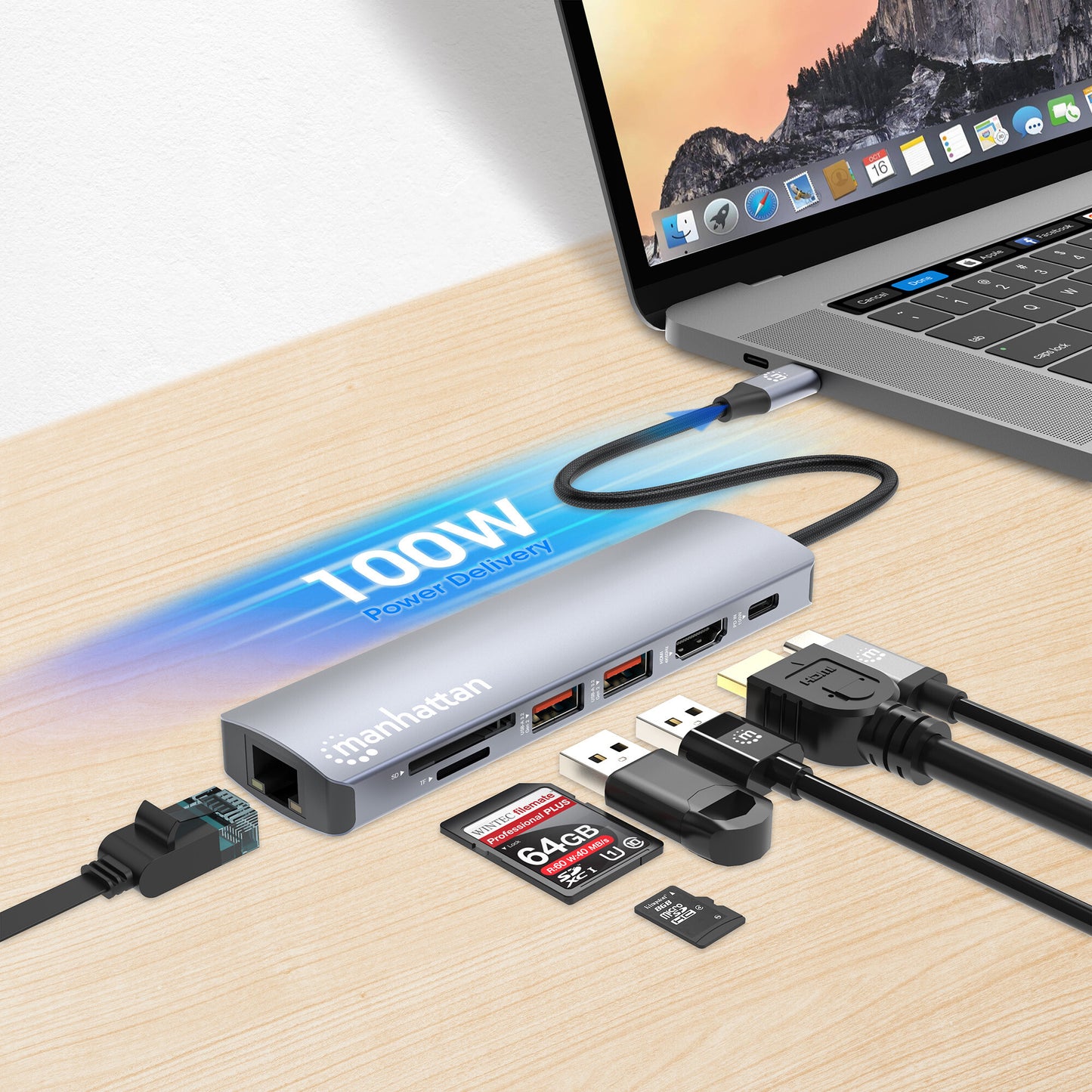 Manhattan 153966 dockningsstationer för bärbara datorer Kabel USB 3.2 Gen 2 (3.1 Gen 2) Type-C Silver