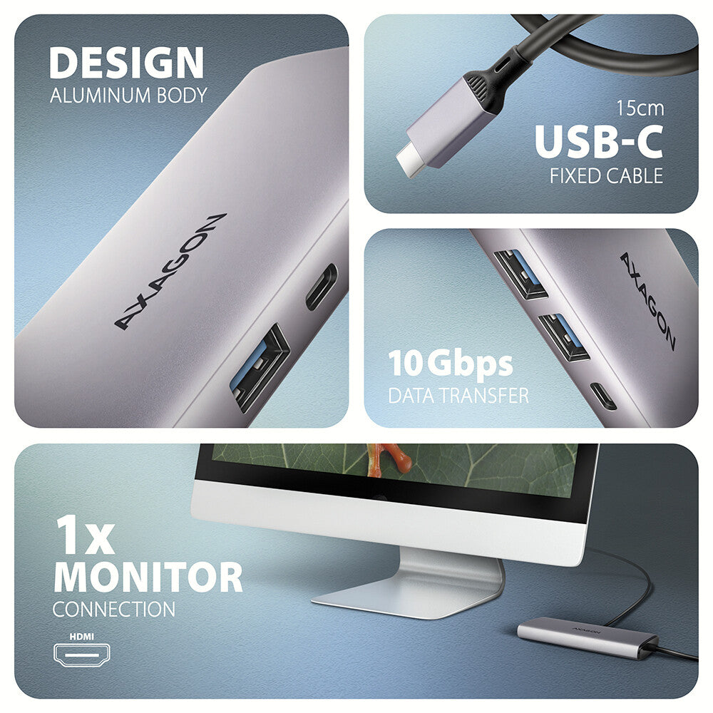 Axagon HMC-6G2L dockningsstationer för bärbara datorer Kabel USB 3.2 Gen 2 (3.1 Gen 2) Type-C Gjuten aluminium