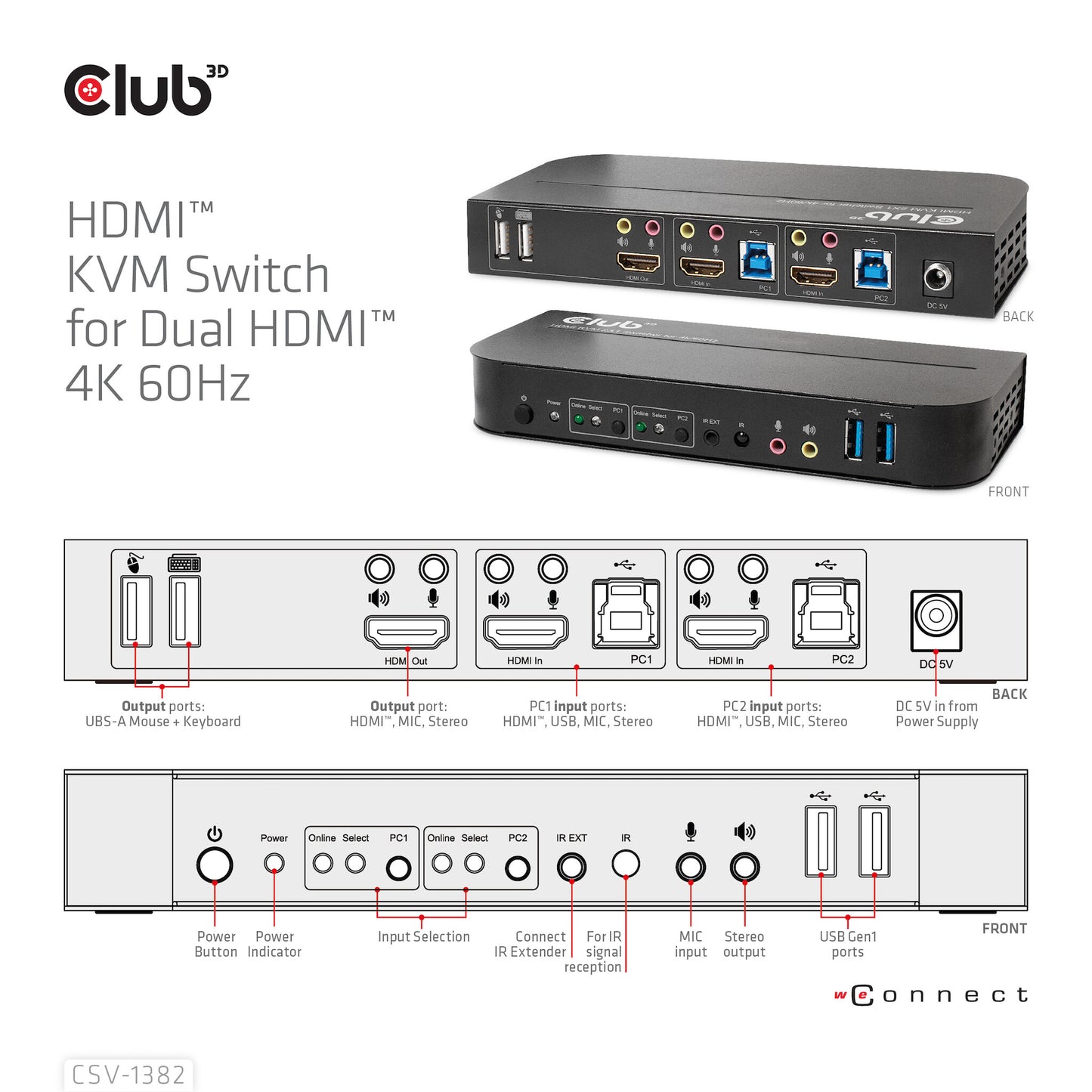 CLUB3D CSV-1382 KVM-switchar Svart