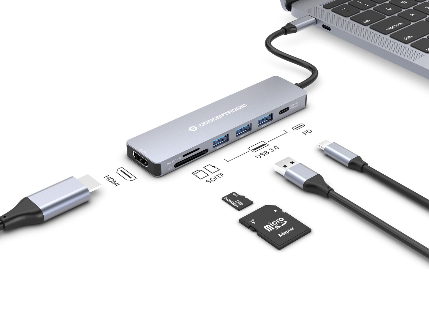 Conceptronic DONN19G dockningsstationer för bärbara datorer Kabel USB 3.2 Gen 1 (3.1 Gen 1) Type-C Grå