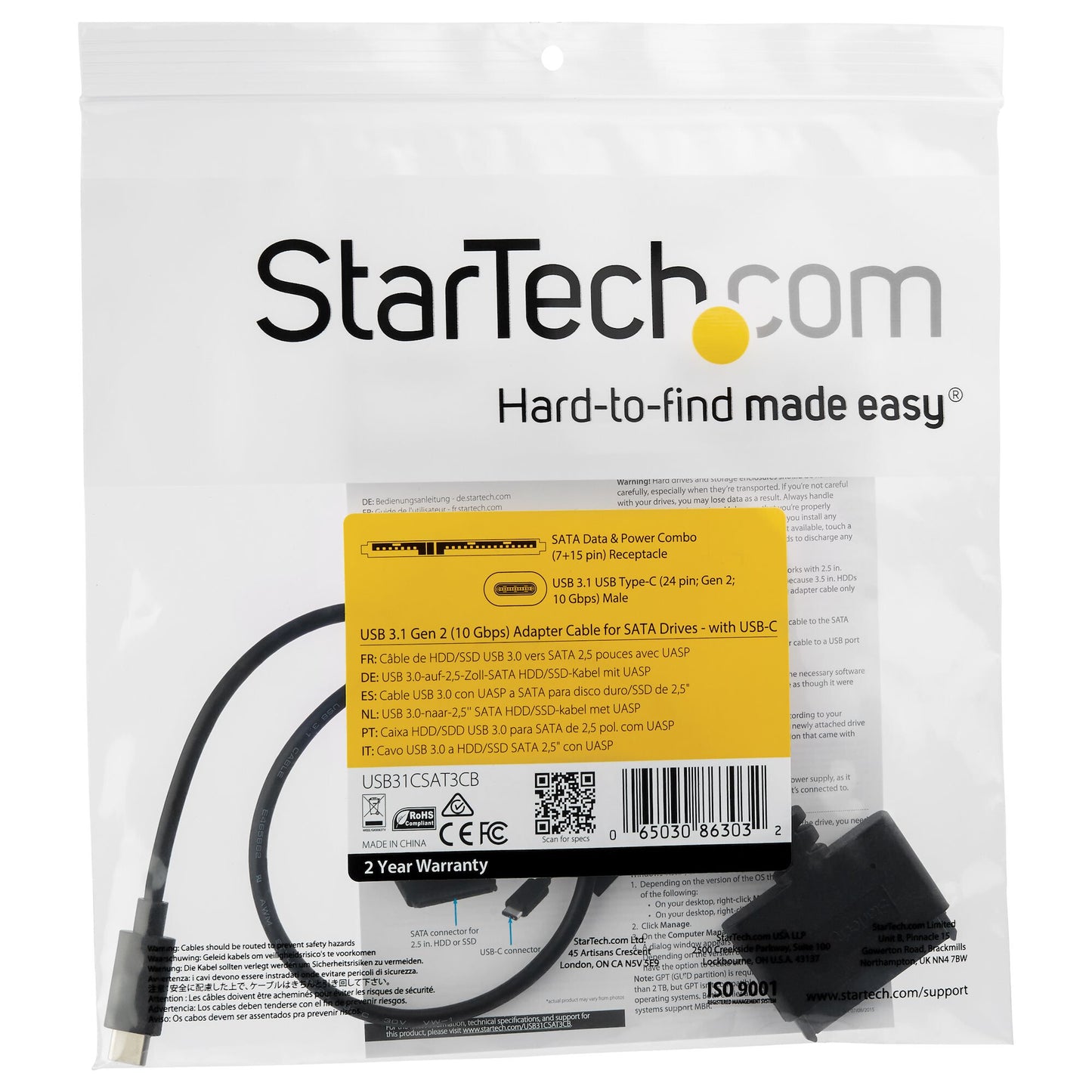 StarTech.com USB 3.1 (10 Gbps) Adapterkabel för 2,5" SATA-enheter - med USB-C