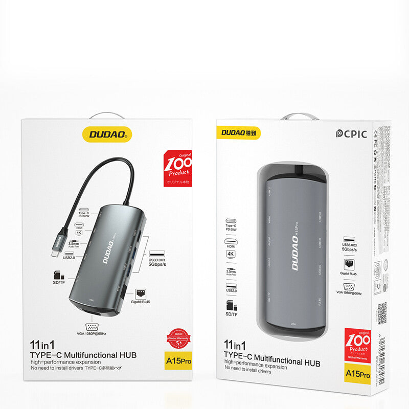 DUDAO A15PRO dockningsstationer för bärbara datorer Kabel USB 3.2 Gen 1 (3.1 Gen 1) Type-A + Type-C Grå