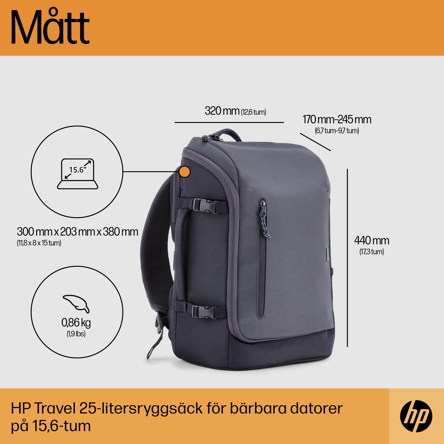 HP Travel 25 liter ryggsäck för 15,6 tum bärbar dator i Iron Grey