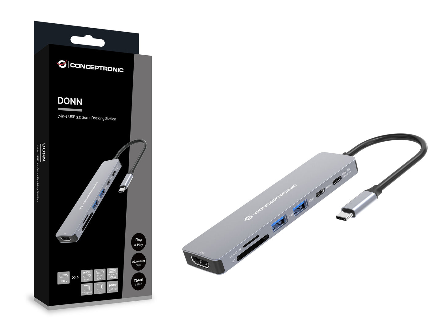 Conceptronic DONN28G dockningsstationer för bärbara datorer Kabel USB 3.2 Gen 1 (3.1 Gen 1) Type-C Grå
