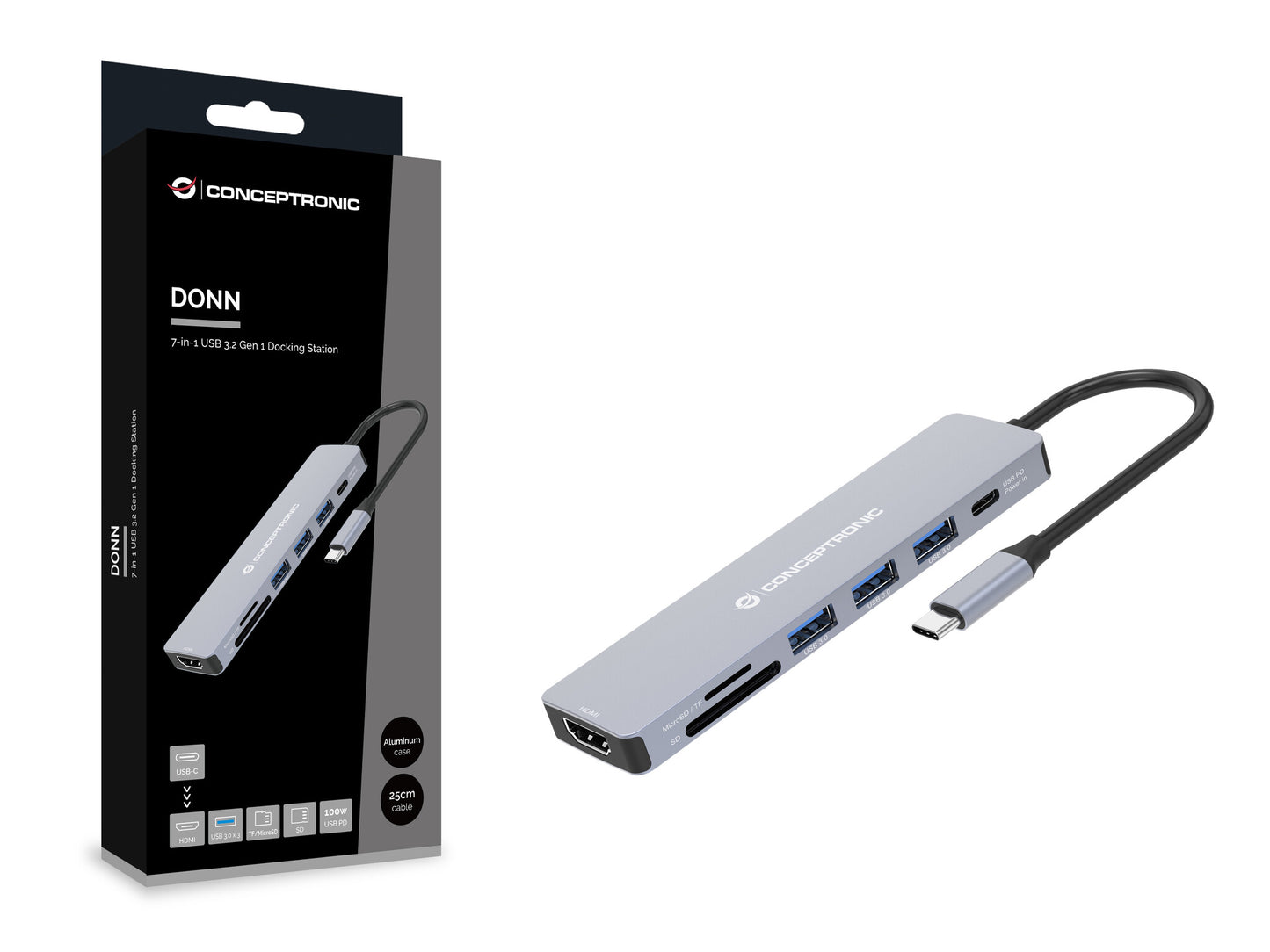 Conceptronic DONN19G dockningsstationer för bärbara datorer Kabel USB 3.2 Gen 1 (3.1 Gen 1) Type-C Grå