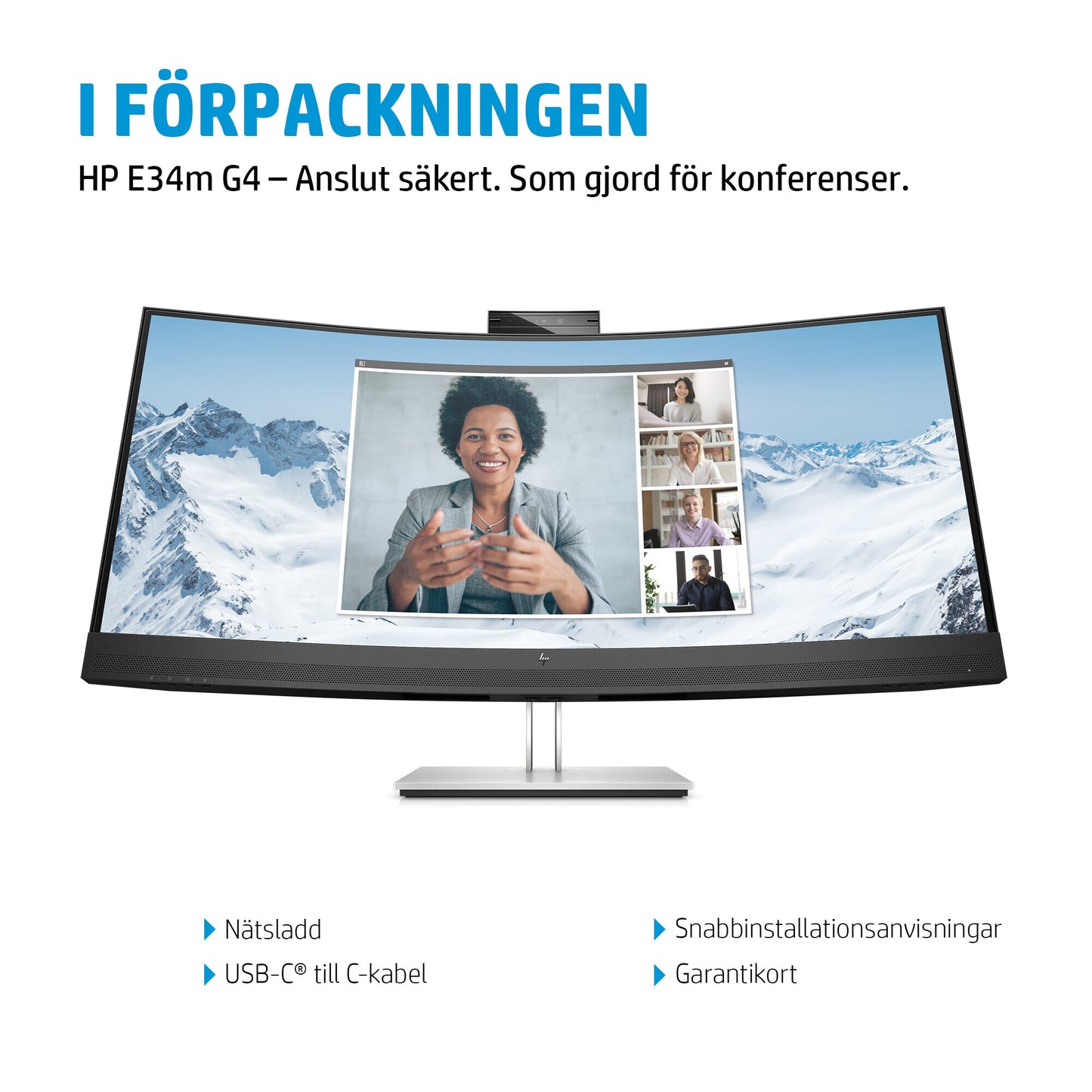 HP E34m G4 välvd WQHD-USB-C-bildskärm för konferenssamtal