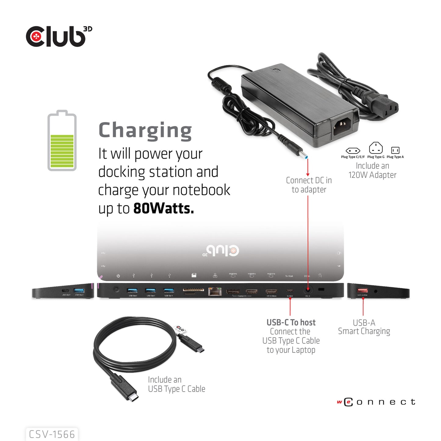 CLUB3D CSV-1566 dockningsstationer för bärbara datorer Dockning USB 3.2 Gen 1 (3.1 Gen 1) Type-C Svart
