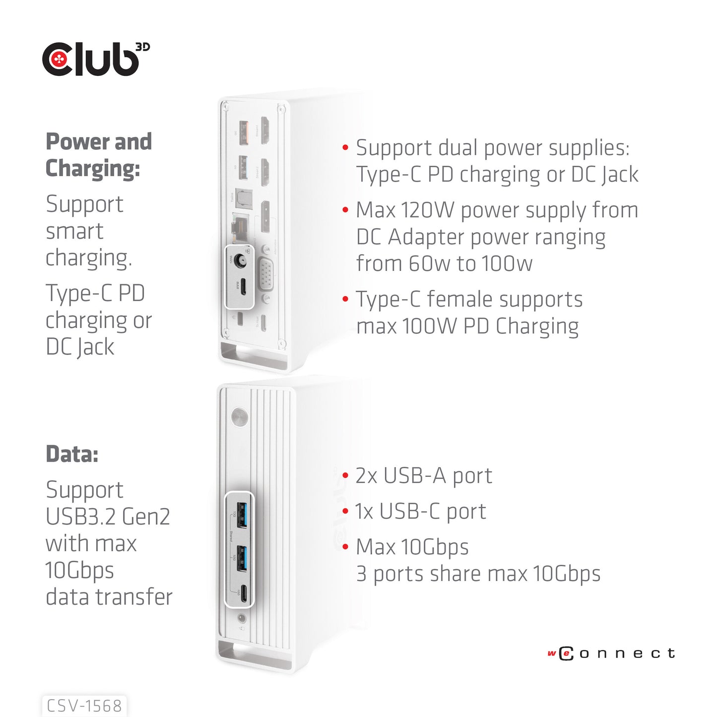 CLUB3D CSV-1568 dockningsstationer för bärbara datorer Dockning USB 3.2 Gen 2 (3.1 Gen 2) Type-C Metallisk