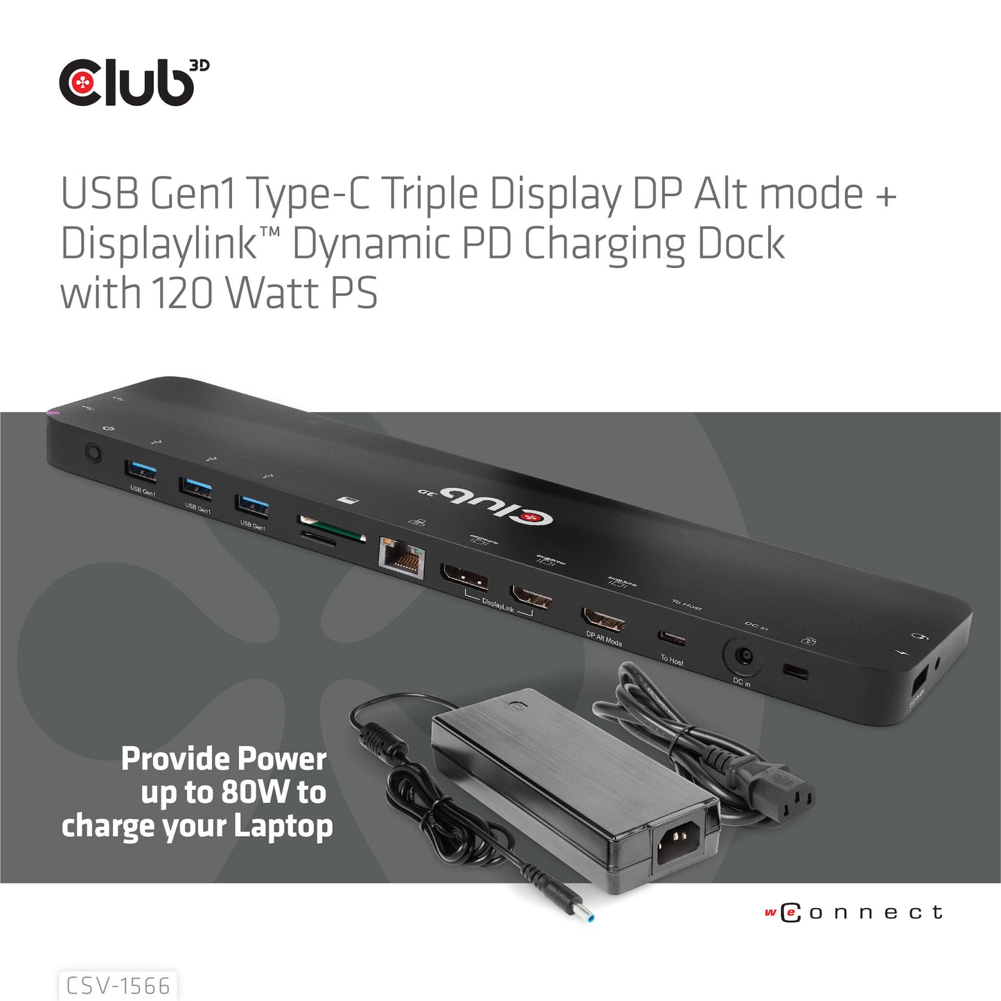 CLUB3D CSV-1566 dockningsstationer för bärbara datorer Dockning USB 3.2 Gen 1 (3.1 Gen 1) Type-C Svart