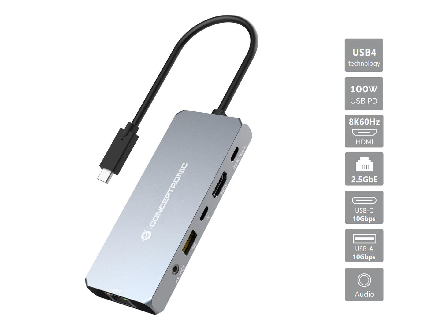 Conceptronic DONN22G dockningsstationer för bärbara datorer Kabel USB 3.2 Gen 2 (3.1 Gen 2) Type-C Grå