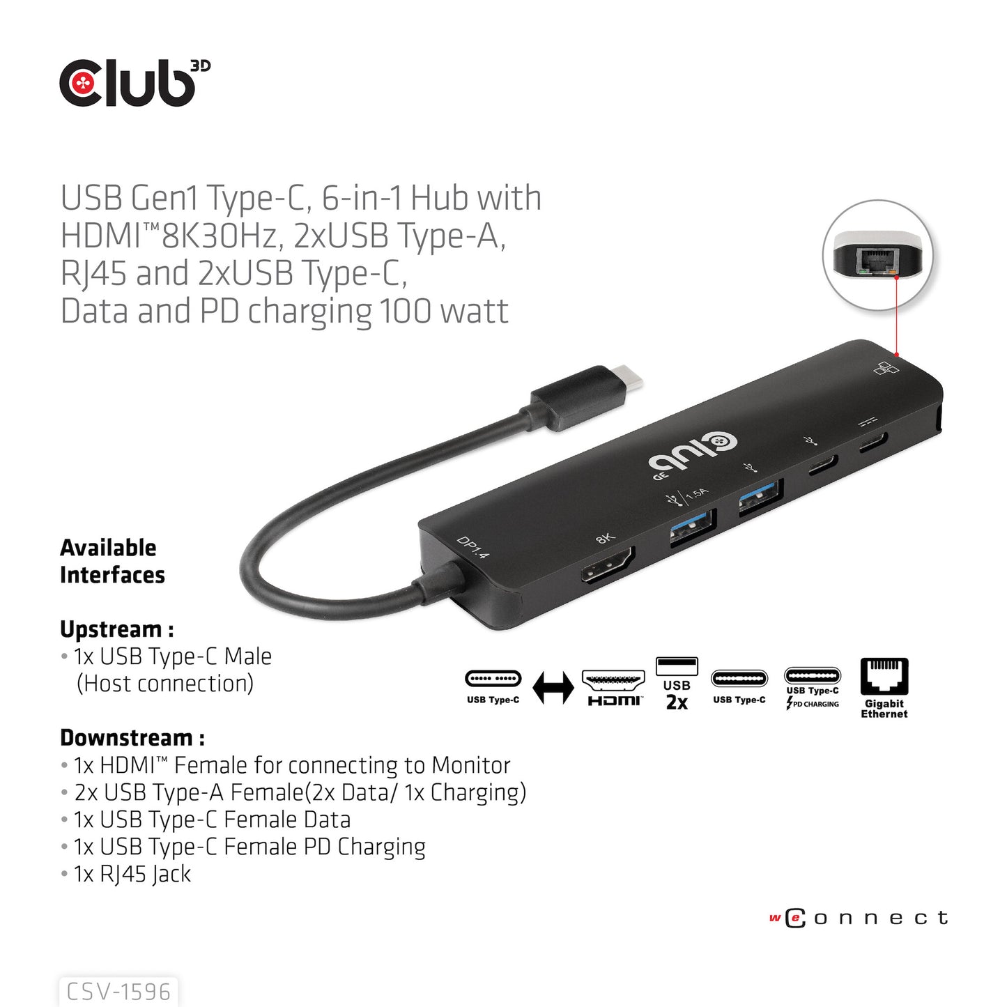 CLUB3D CSV-1596 dockningsstationer för bärbara datorer USB 3.2 Gen 1 (3.1 Gen 1) Type-C Svart