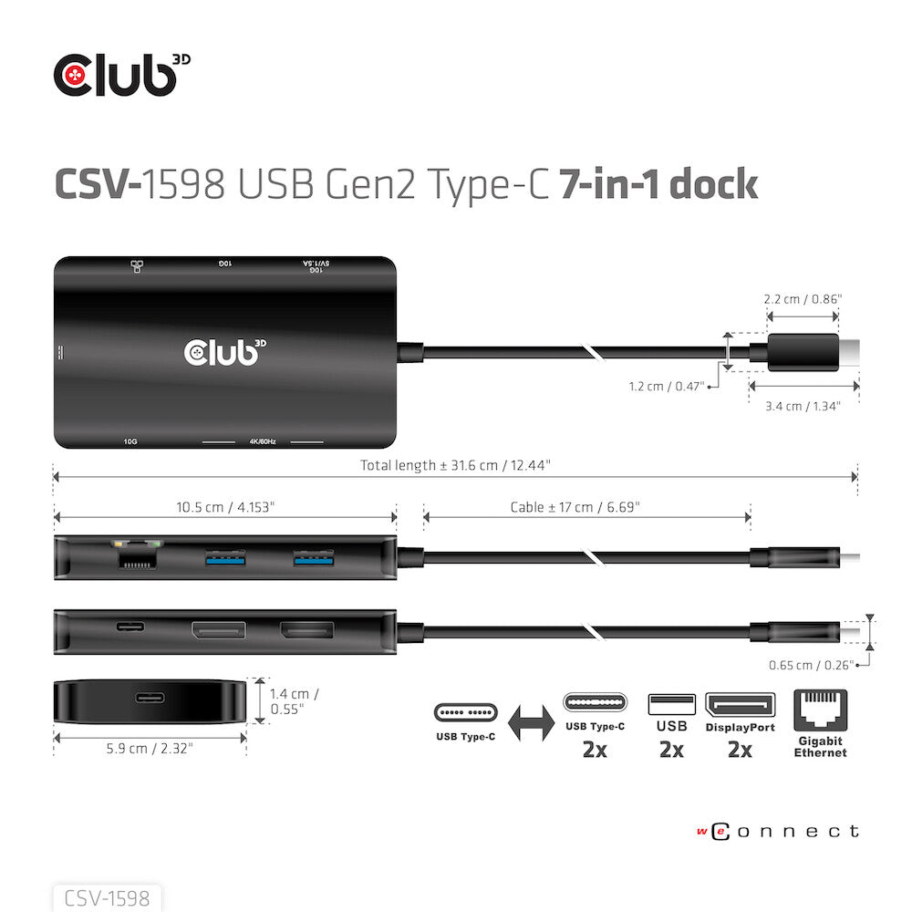 CLUB3D CSV-1598 dockningsstationer för bärbara datorer USB 3.2 Gen 2 (3.1 Gen 2) Type-C Svart