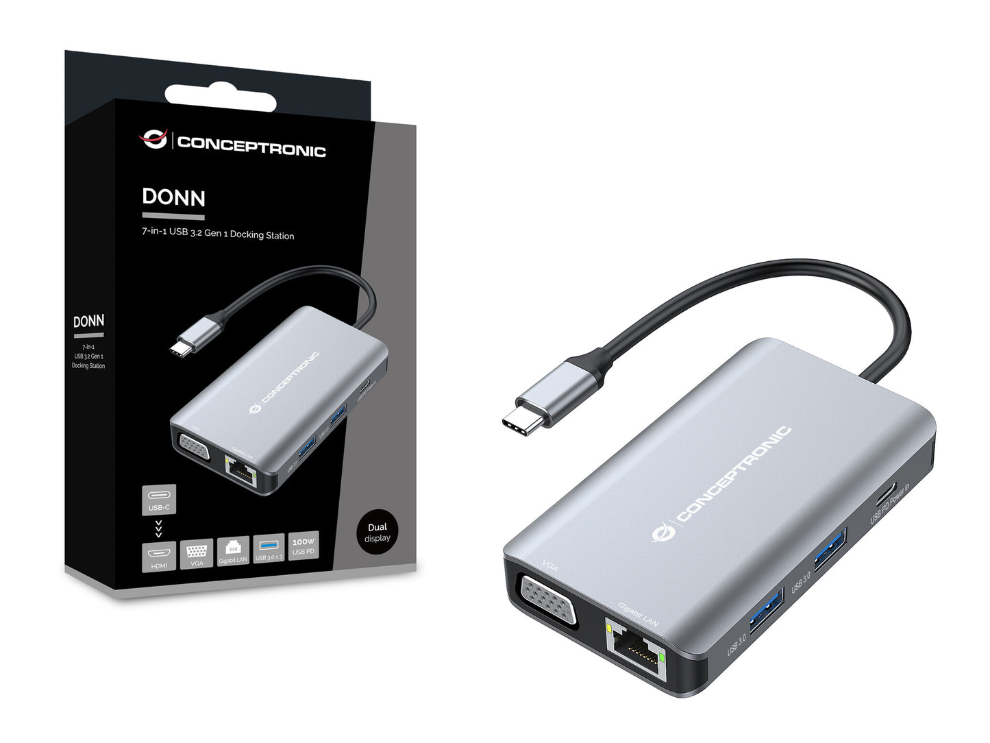 Conceptronic DONN21G dockningsstationer för bärbara datorer Kabel USB 3.2 Gen 1 (3.1 Gen 1) Type-C Grå