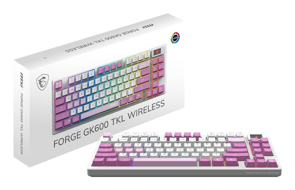 MSI FORGE GK600 TKL WIRELESS VIOLET tangentbord Spela USB + Bluetooth QWERTY Spansk Rosa, Violett, Vit
