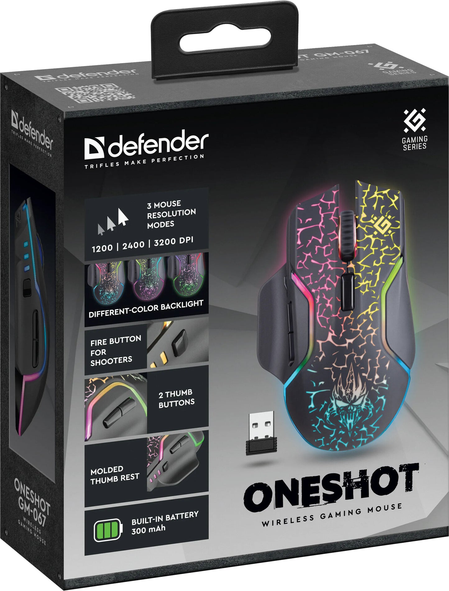 Defender Oneshot GM-067 datormöss Spela högerhand RF Wireless + USB Type-C Optisk 3200 DPI