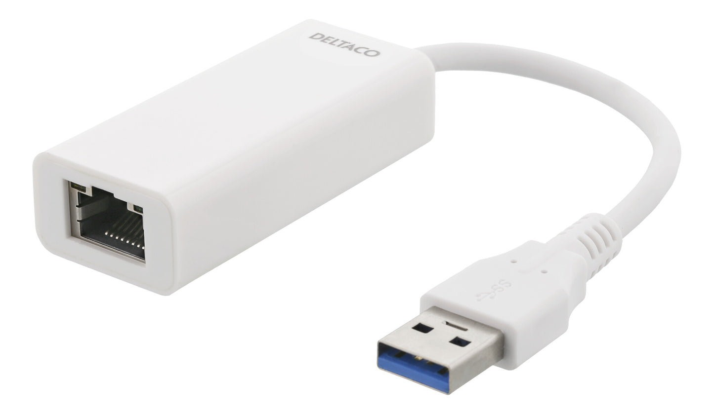 Deltaco USB 3.0 nätverksadapter, gigabit, 1xRJ45, vit
