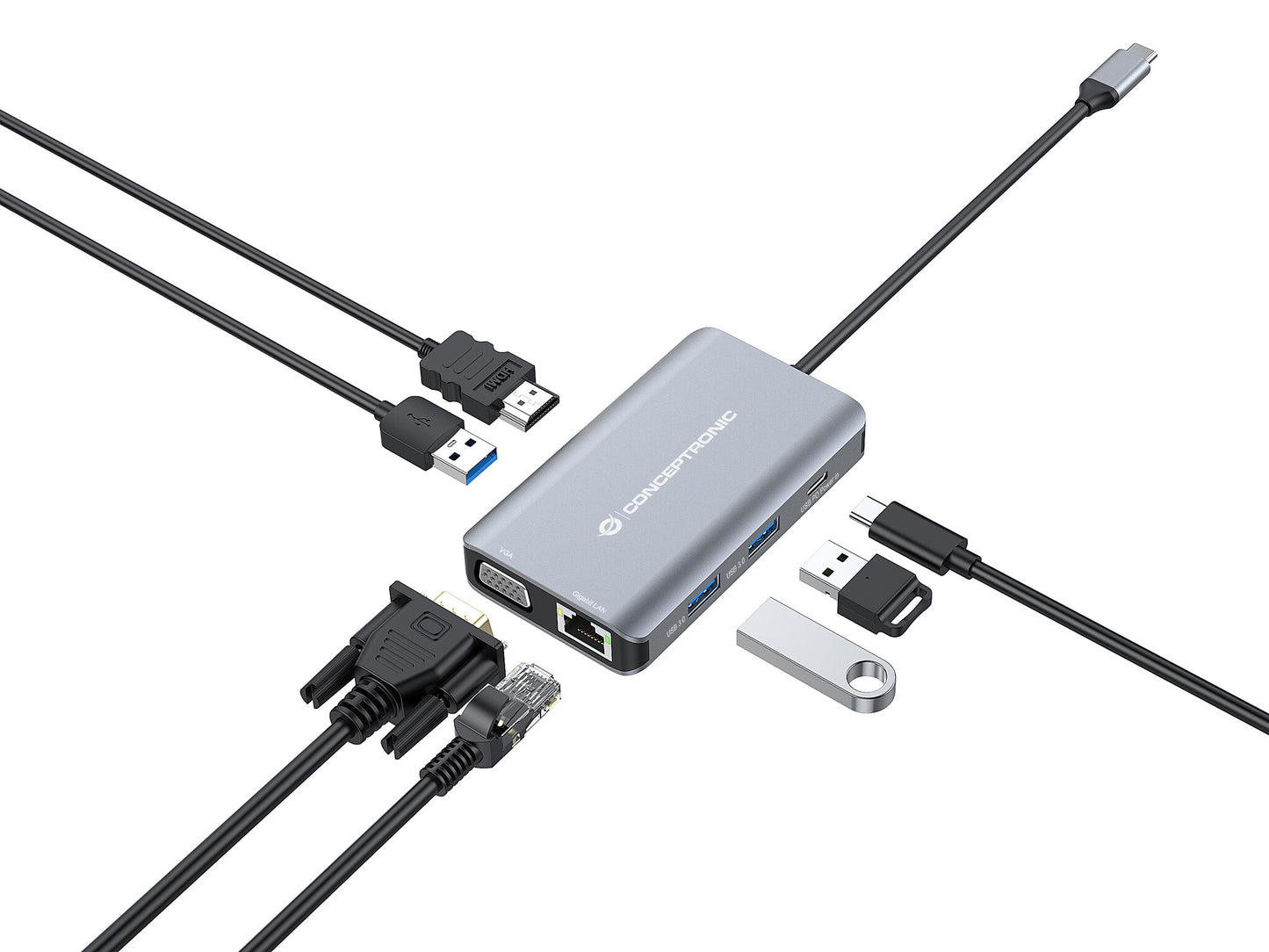Conceptronic DONN21G dockningsstationer för bärbara datorer Kabel USB 3.2 Gen 1 (3.1 Gen 1) Type-C Grå