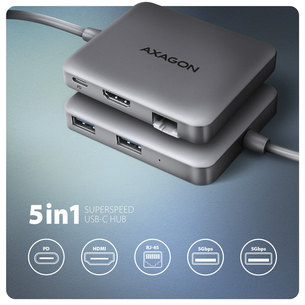 Axagon N HMC-5HL USB 5Gbps hub 2x USB-A HDMI 4k/60Hz RJ-45 GLAN PD 100W kabel USB-C USB 3.2 Gen 1 (3.1 Gen 1) Type-C Silver