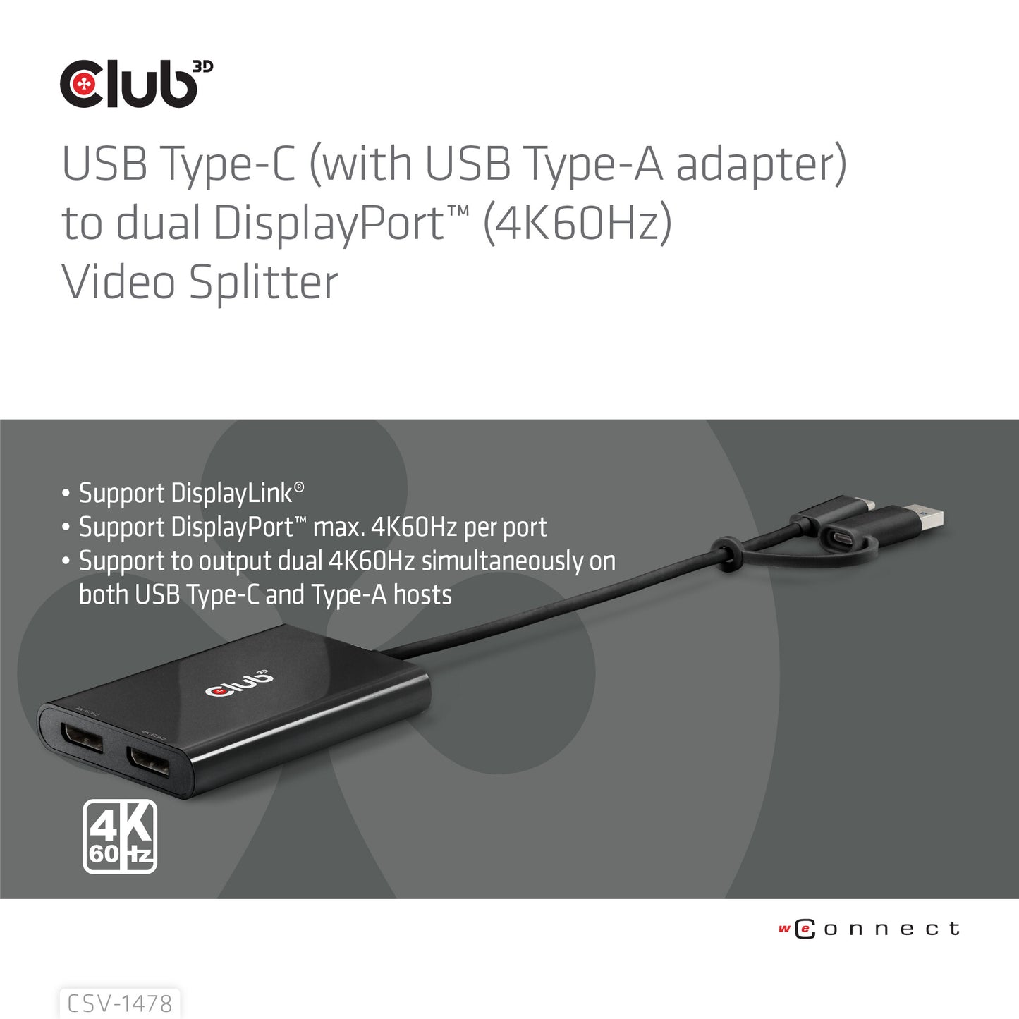 CLUB3D CSV-1478 bilddelare USB Type-C 2x DisplayPort