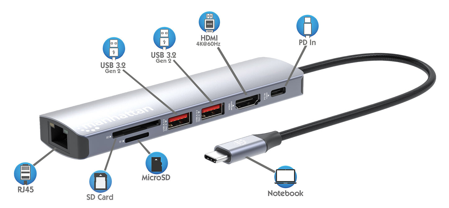 Manhattan 153966 dockningsstationer för bärbara datorer Kabel USB 3.2 Gen 2 (3.1 Gen 2) Type-C Silver
