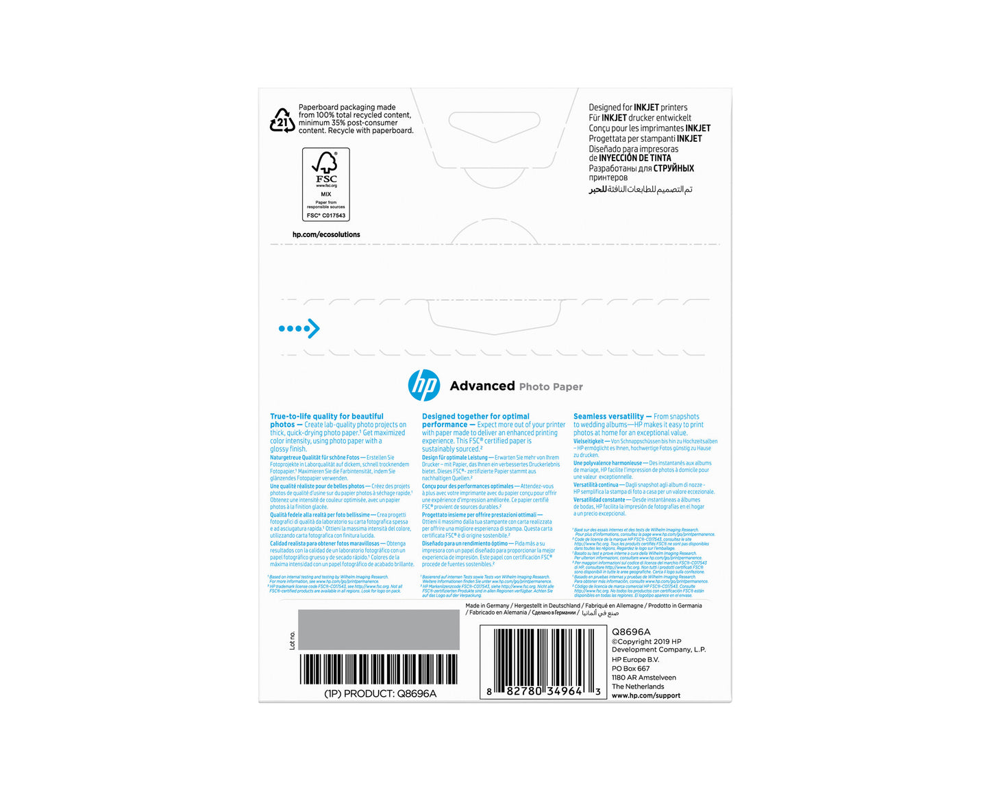 HP Advanced Photo-papper, glättat, 250 g/m2, 13 x 18 cm (127 x 178 mm), 25 ark