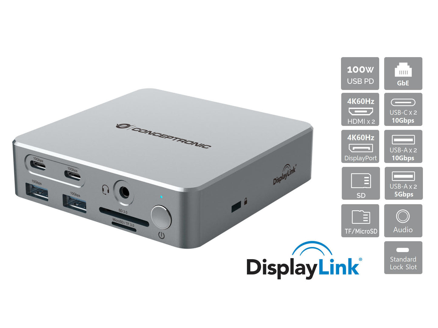 Conceptronic DONN25G dockningsstationer för bärbara datorer Kabel USB 3.2 Gen 2 (3.1 Gen 2) Type-C Silver