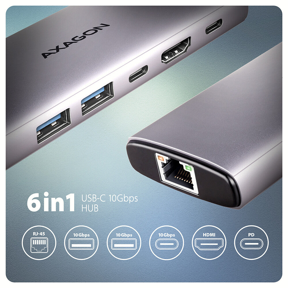 Axagon HMC-6G2L dockningsstationer för bärbara datorer Kabel USB 3.2 Gen 2 (3.1 Gen 2) Type-C Gjuten aluminium