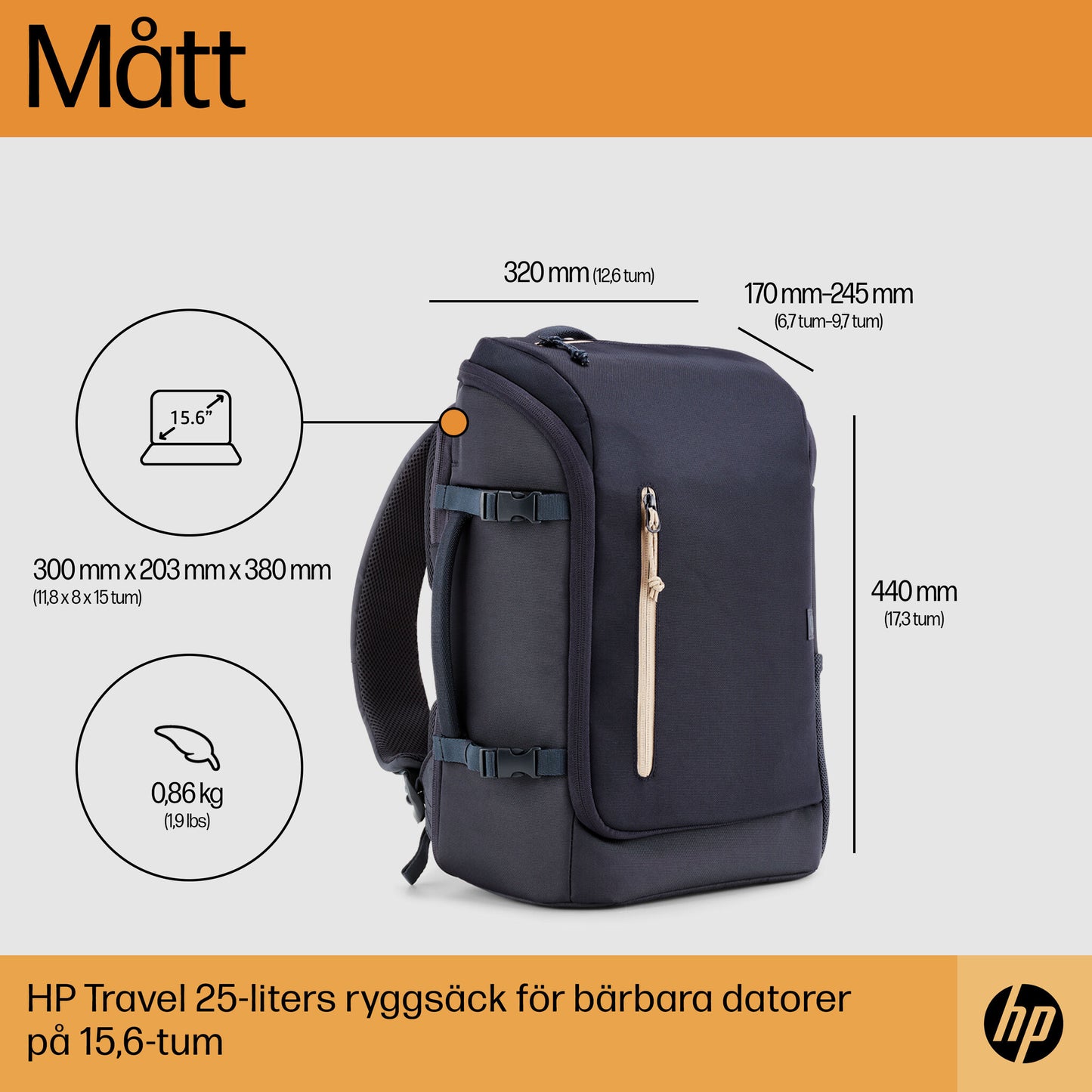 HP Travel 25 liter ryggsäck för 15,6 tum bärbar dator i Iron Grey