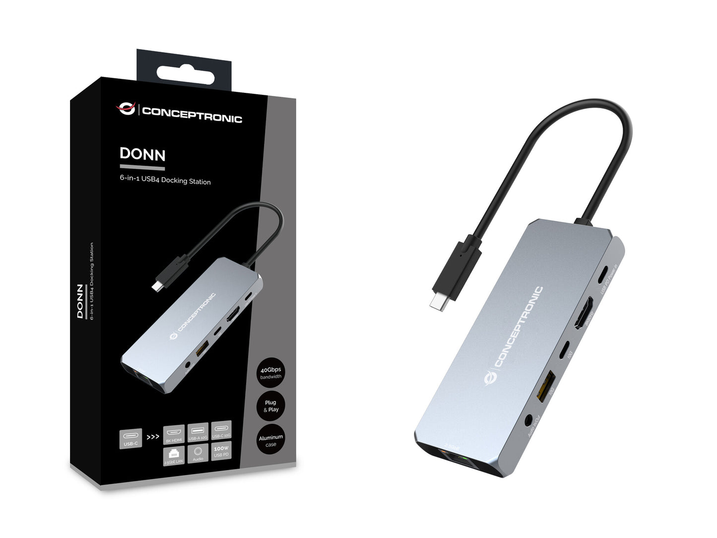Conceptronic DONN22G dockningsstationer för bärbara datorer Kabel USB 3.2 Gen 2 (3.1 Gen 2) Type-C Grå