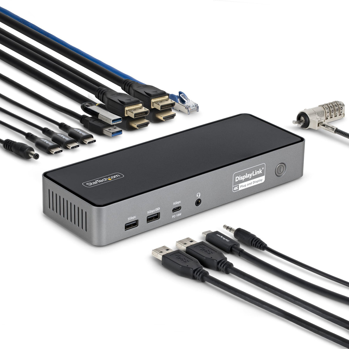 StarTech.com USB-C-dockningsstation för tre bildskärmar, 140 W laddningsdocka för MacBook Pro och Windows, 4K 60 Hz HDMI eller DisplayPort, TAA