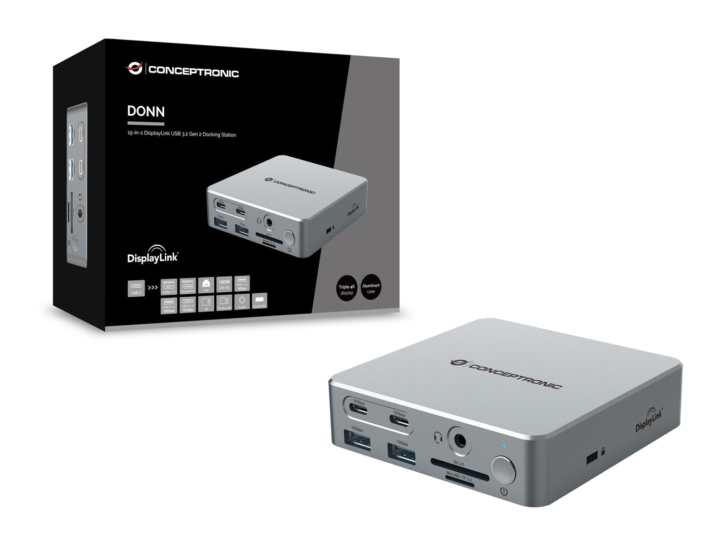 Conceptronic DONN25G dockningsstationer för bärbara datorer Kabel USB 3.2 Gen 2 (3.1 Gen 2) Type-C Silver