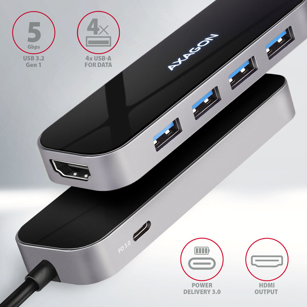 Axagon HMC-6H4A dockningsstationer för bärbara datorer Kabel USB 3.2 Gen 1 (3.1 Gen 1) Type-C Svart, Grå