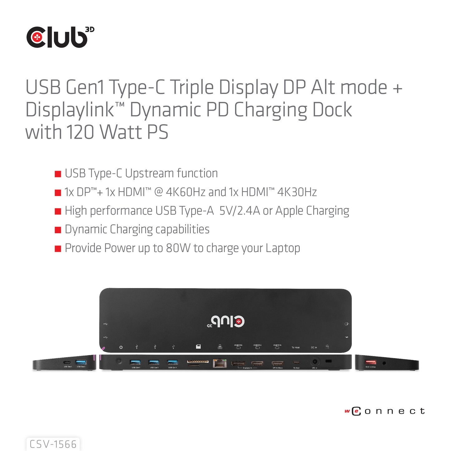 CLUB3D CSV-1566 dockningsstationer för bärbara datorer Dockning USB 3.2 Gen 1 (3.1 Gen 1) Type-C Svart