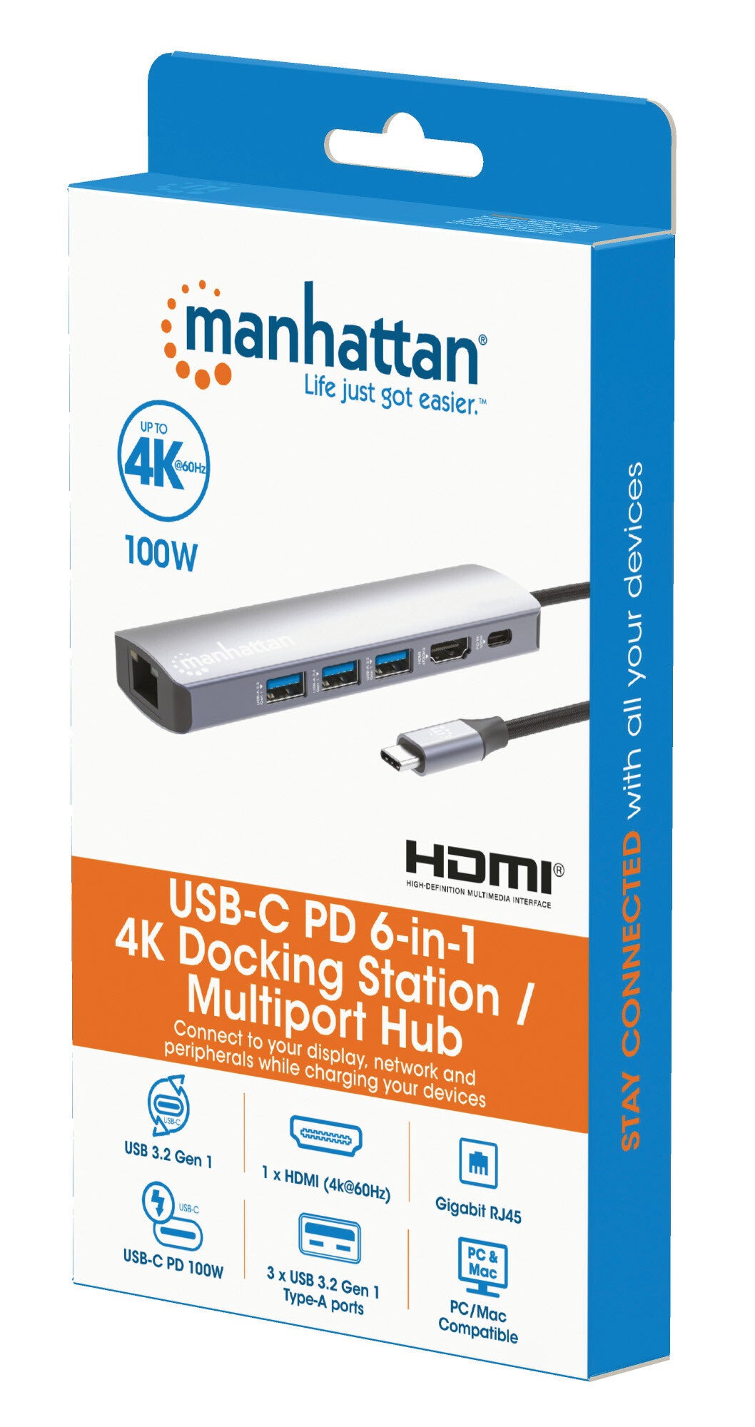 Manhattan 153959 dockningsstationer för bärbara datorer Kabel USB 3.2 Gen 1 (3.1 Gen 1) Type-C Silver