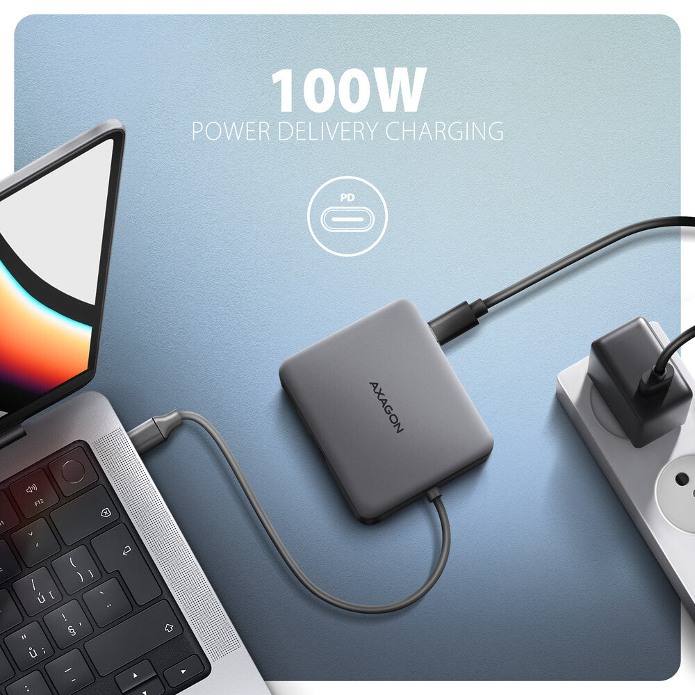 Axagon N HMC-5HL USB 5Gbps hub 2x USB-A HDMI 4k/60Hz RJ-45 GLAN PD 100W kabel USB-C USB 3.2 Gen 1 (3.1 Gen 1) Type-C Silver