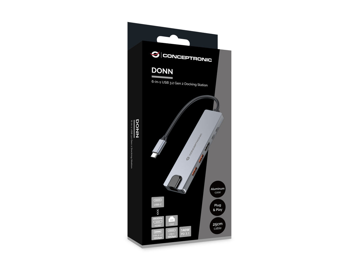 Conceptronic DONN29G dockningsstationer för bärbara datorer Kabel USB 3.2 Gen 2 (3.1 Gen 2) Type-C Grå