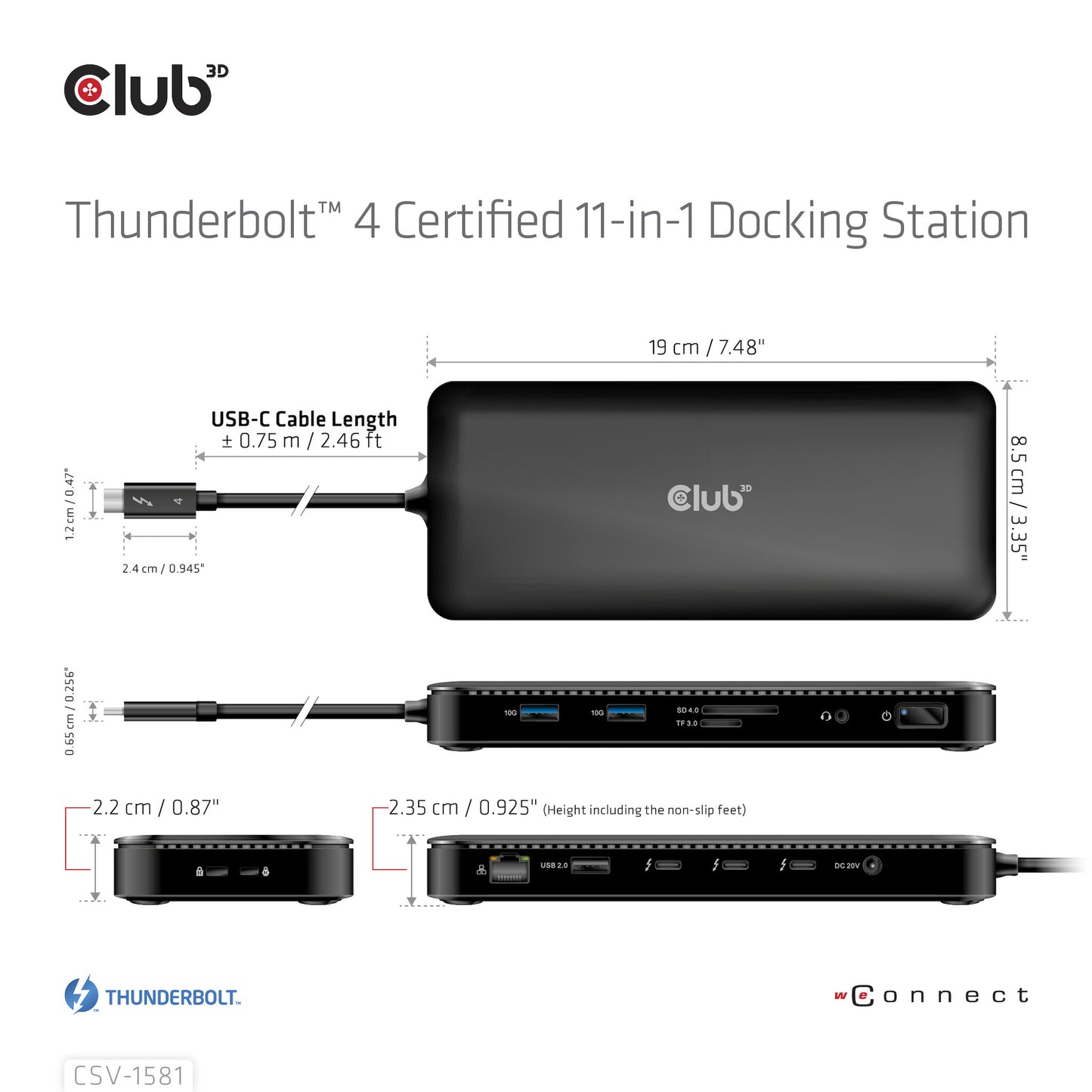 CLUB3D CSV-1581 dockningsstationer för bärbara datorer Dockning Thunderbolt 4 Svart
