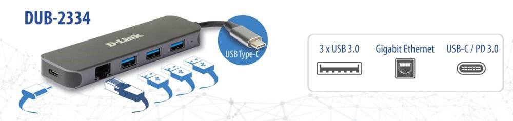 D-Link DUB-2334 dockningsstationer för bärbara datorer Kabel USB Type-C Grå