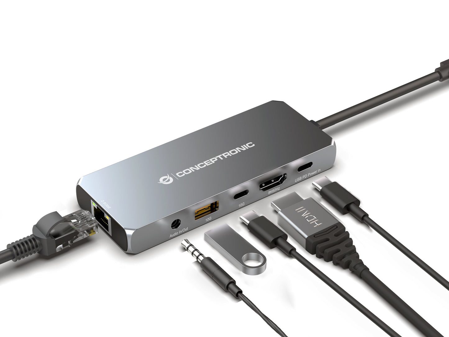 Conceptronic DONN22G dockningsstationer för bärbara datorer Kabel USB 3.2 Gen 2 (3.1 Gen 2) Type-C Grå