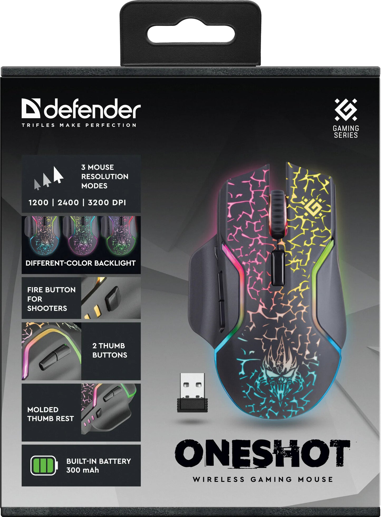 Defender Oneshot GM-067 datormöss Spela högerhand RF Wireless + USB Type-C Optisk 3200 DPI