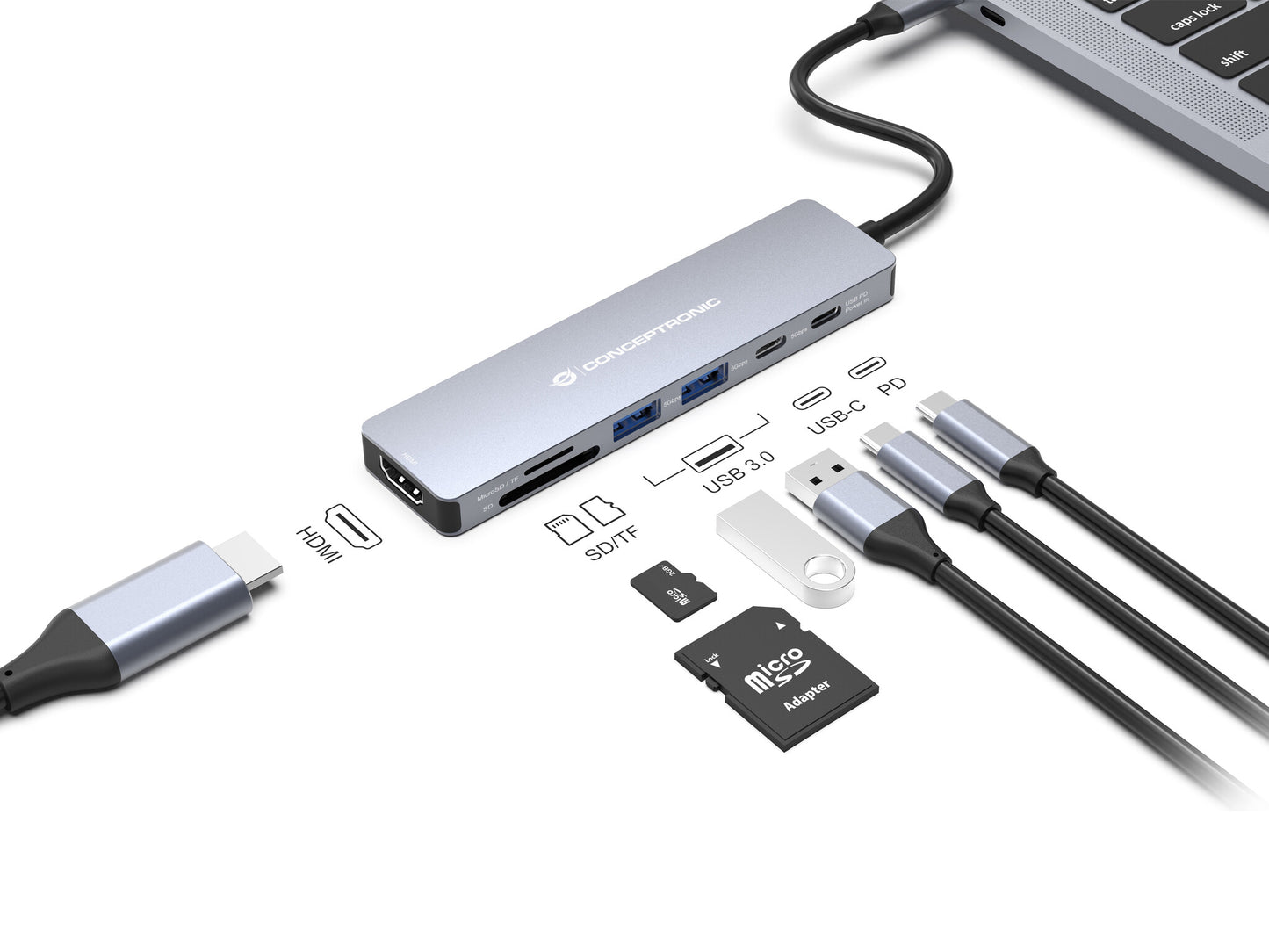 Conceptronic DONN28G dockningsstationer för bärbara datorer Kabel USB 3.2 Gen 1 (3.1 Gen 1) Type-C Grå