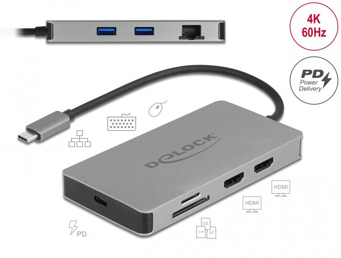 DeLOCK 87004 dockningsstationer för bärbara datorer Kabel USB 3.2 Gen 1 (3.1 Gen 1) Type-C Grå