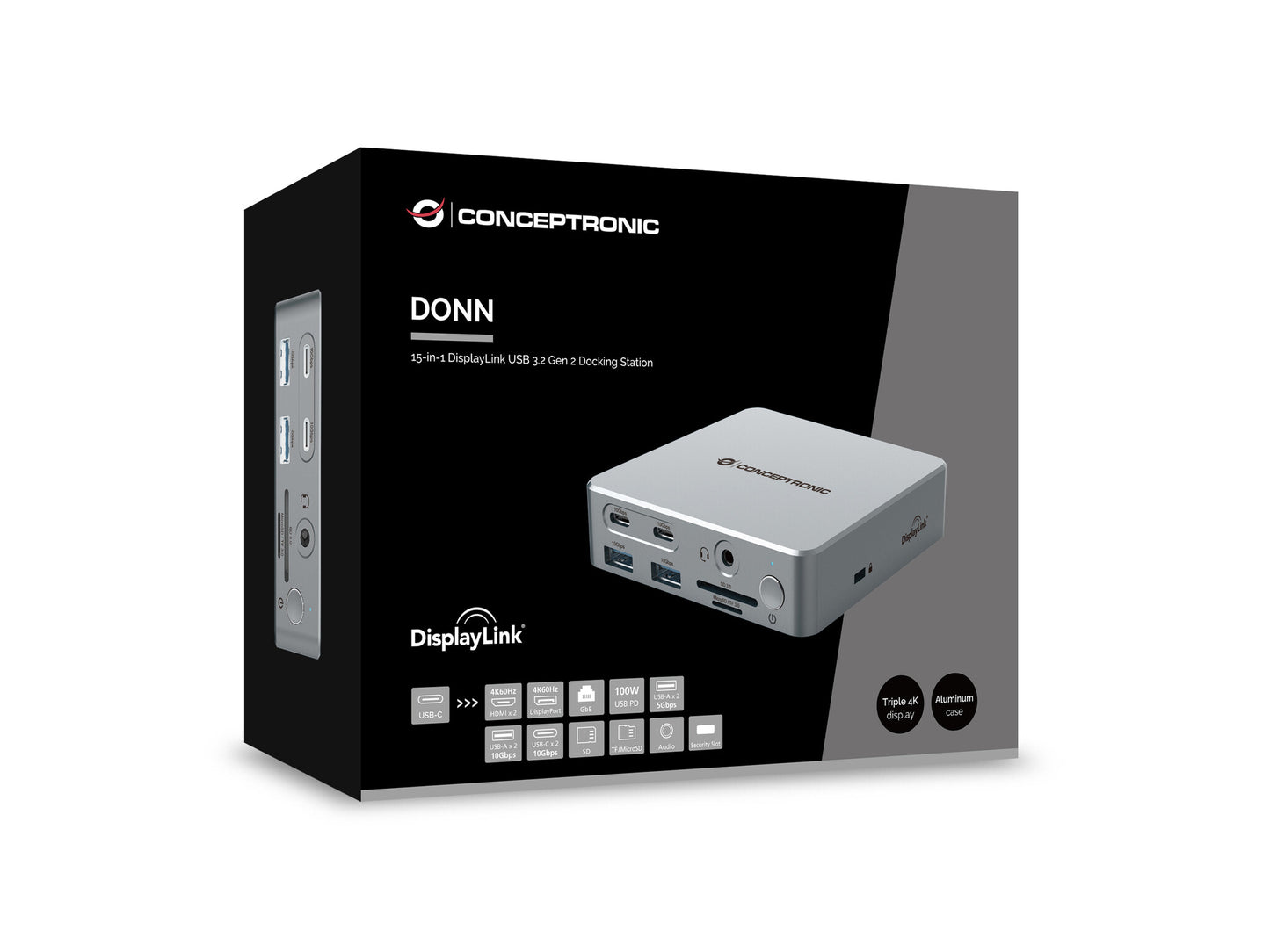 Conceptronic DONN25G dockningsstationer för bärbara datorer Kabel USB 3.2 Gen 2 (3.1 Gen 2) Type-C Silver
