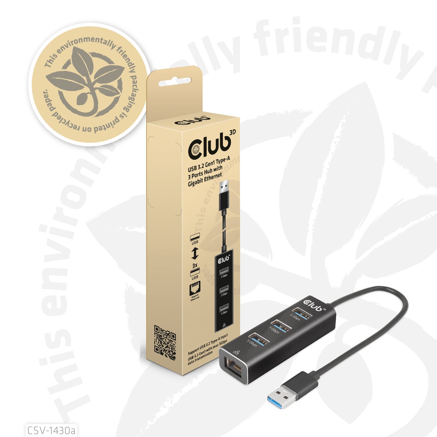 CLUB3D USB 3.2 Gen1 Type-A, 3 Ports Hub with Gigabit Ethernet