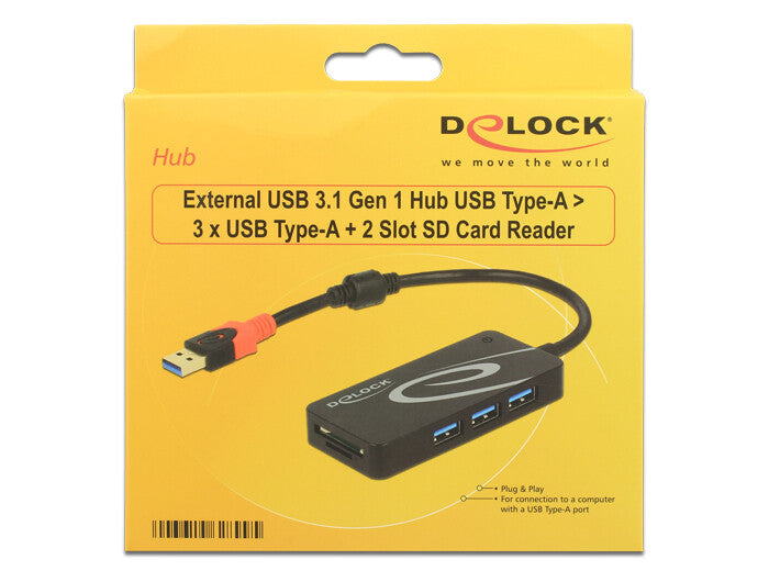 DeLOCK HUB USB 3.0 3 Port extern + 2 x SD Slo USB 3.2 Gen 1 (3.1 Gen 1) Type-A Svart