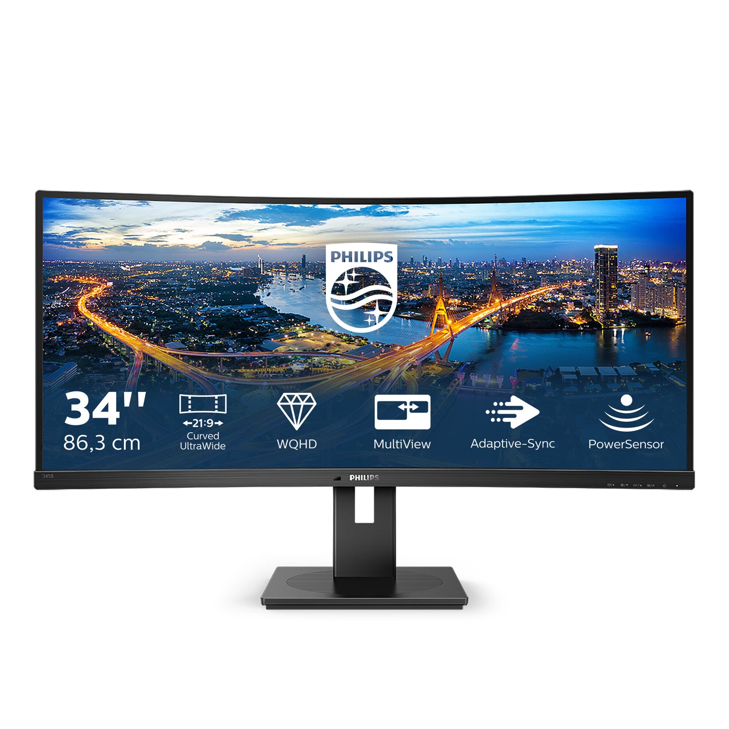 Philips B Line 345B1C/00 platta pc-skärmar 86,4 cm (34") 3440 x 1440 pixlar Quad HD LCD Svart Business Monitor 345B1C Svängd UltraWide LCD-skärm